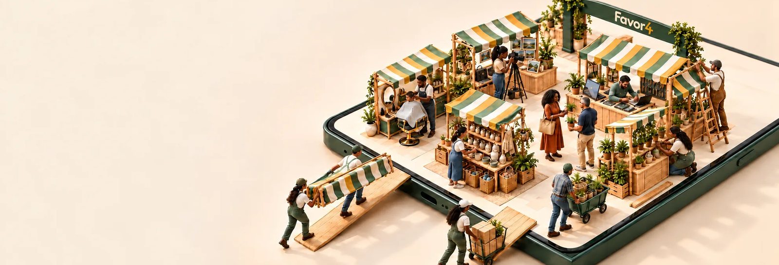 Isometric illustration of a marketplace with striped market stalls, makers and customers trading on top of a phone