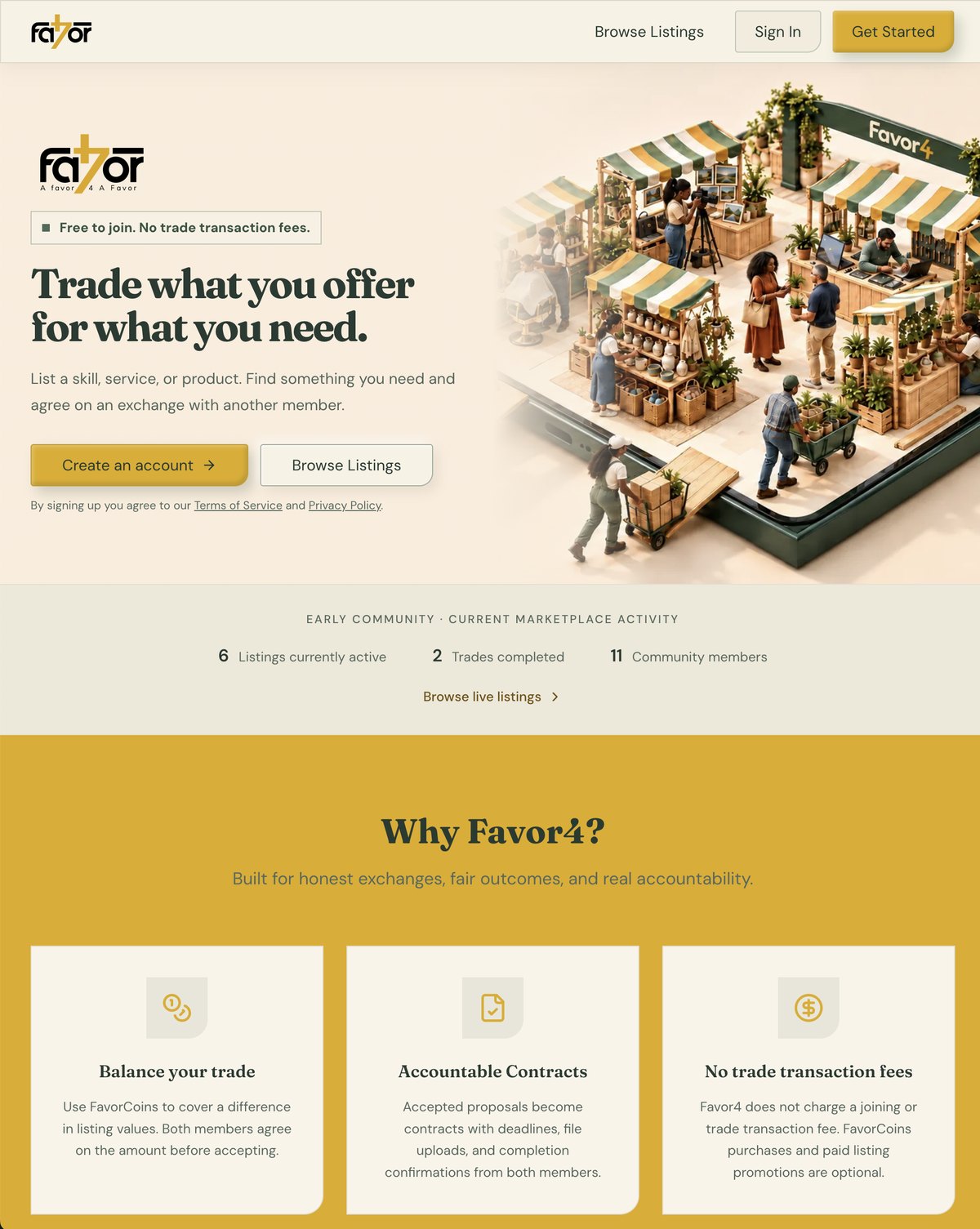 Favor4 home page with the marketplace illustration, community stats and Why Favor4 section