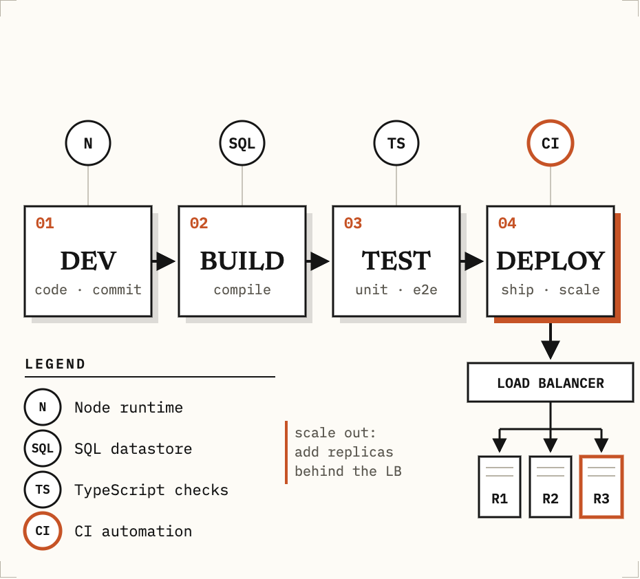 Delivery pipeline from Dev to Build to Test to Deploy, fanning out to three replicas behind a load balancer